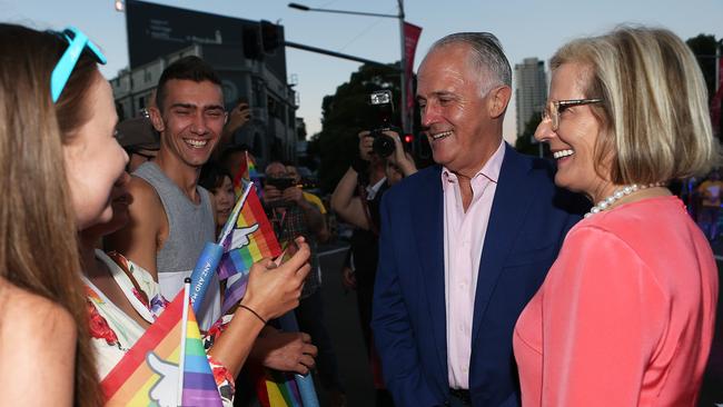 Mr Turnbull and wife Lucy at Mardi Gras, He’s facing a serious challenge over the issue of gay marriage.