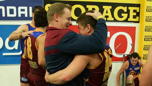 Dayne Zorko celebrates a win with Michael Voss. Picture: Peter Wallis