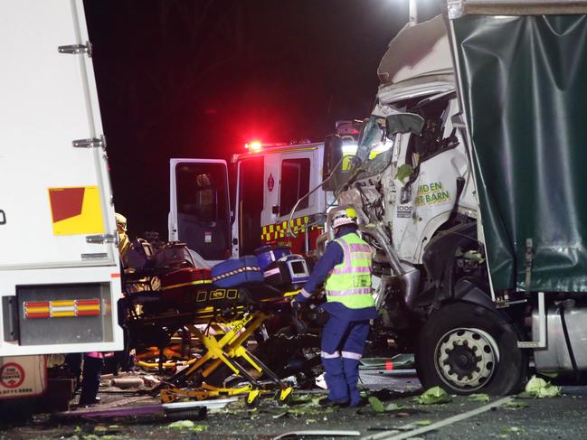 Two truck drivers survived this horrific head-on crash on The Northern Road at Bringelly, in Sydney’s south west. Picture: Bill Hearne