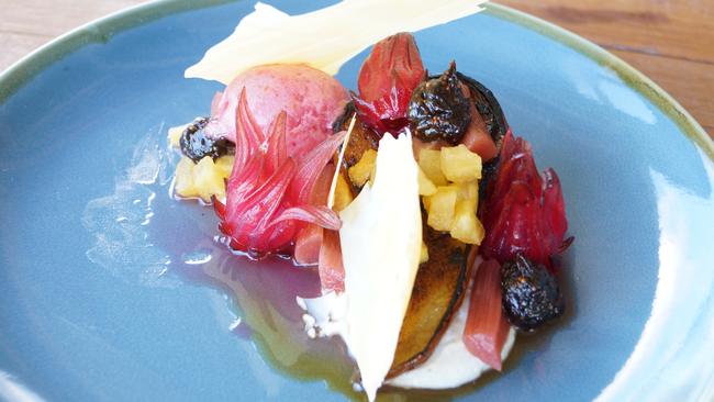 Roasted winter fruits, yoghurt and native hibiscus sorbet at Bush DeVine, Pauletts winery