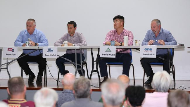 Candidates for Broadwater at the paradise point community hall L-R Peter Flori, David Crisafulli, Daniel Kwon and Brenden Ball. Picture Mike Batterham