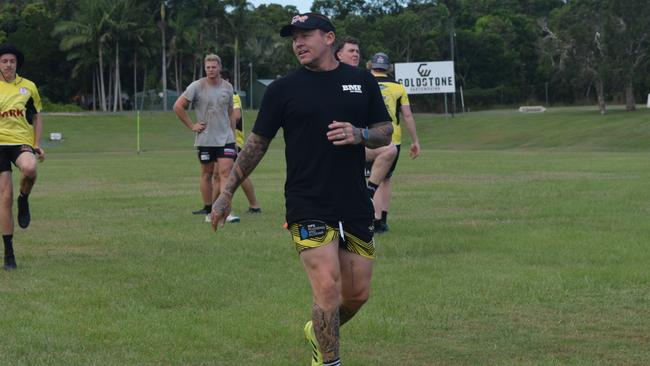 Todd Carney warms up with the Byron Bay Red Devils at their Bangalow Road training ground