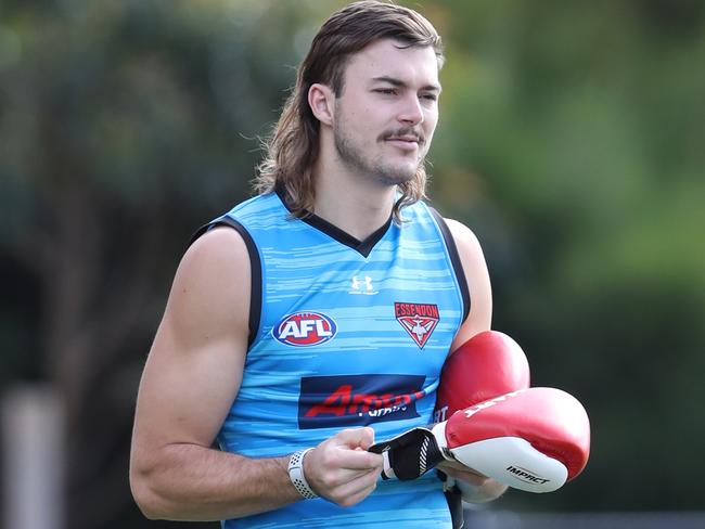 Sam Draper at Essendon football training at Tullamarine ahead of their Anzac Day game against Collingwood. Friday, April 23, 2021. Picture: David Crosling