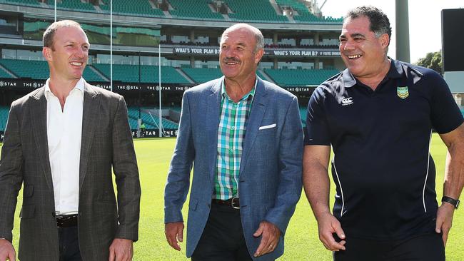Rugby league Immortal Wally Lewis (centre) with possible 2018 inductees Darren Lockyer and Mal Meninga. Photo: Phil Hillyard