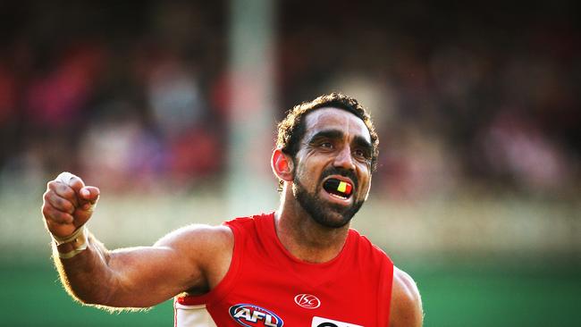 Adam Goodes celebrates a goal during his remarkable career, which ended with him booed out of the game. Picture: Phil Hillyard