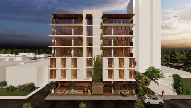 Artist impression of a planned seven-storey apartment building on Canning St, Glenelg North, by Barrio Developments.