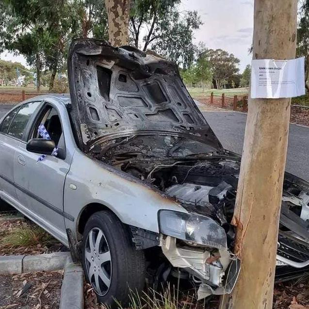 The vehicle involved in a single-vehicle crash at a West Footscray car park has been transformed after a humorous local described it as a “moving piece” of art. Picture: Supplied