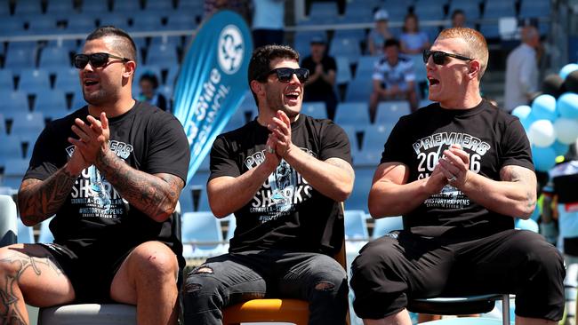 Andrew Fifita ,Michael Ennis and Luke Lewis during the Cronulla Sharks fan day at Shark Park. Picture : Gregg Porteous