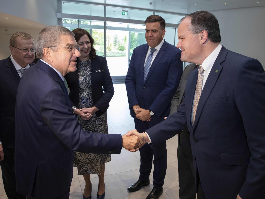 International Olympic Committee president Thomas Bach meets with the Australian delegation including Ted O'Brien as Ms Palaszczuk watches on. Picture: Greg Martin/IOC