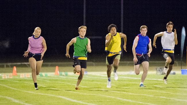 (From left) Letitia Fox, Will Kruger, Chukuma Udeh, Luke Scott, Josh fabiani and Pat McGinn. Will Kruger wins the Youths 75 yards final. Arthur Postle Gift at Pittsworth. Saturday, 14th Sep, 2019.