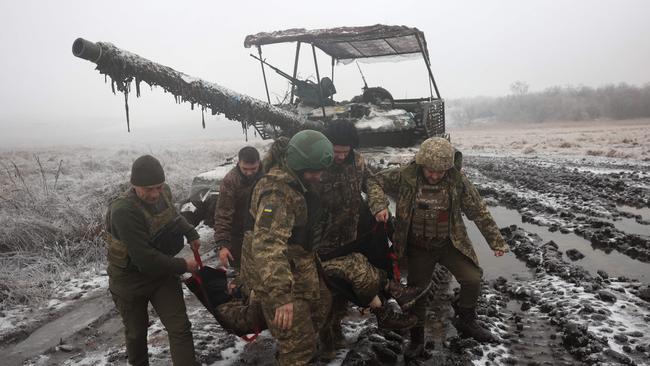 Ukrainian tank crews practise the evacuation of a comrade in the Donetsk region. Picture: AFP