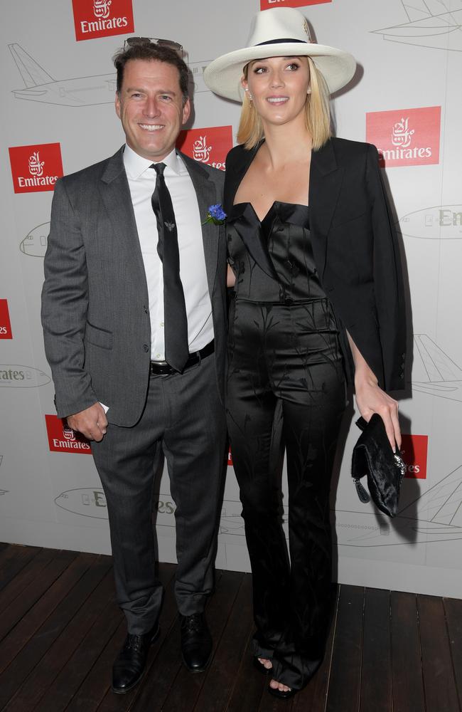 Karl Stefanovic and Jasmine Yarbrough arrive at the Emirates Marquee. Picture: Tracey Nearmy, AAP Image.