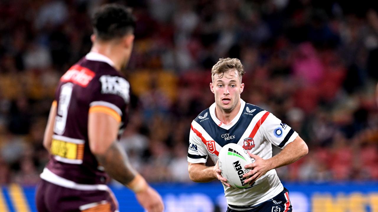 Sam Walker of the Roosters looks to takes on the defence during the Round 5 NRL match at Suncorp Stadium on Friday night. Picture: Bradley Kanaris/Getty Images