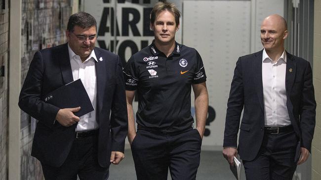 Carlton president Mark LoGiudice, left, and club ceo Cain Liddle on the day they appointed David Teague as Carlton's new coach. Picture: Michael Klein