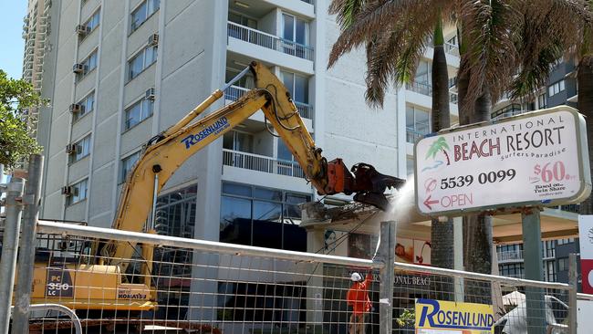 Demolition works have begun on the International Beach Resort in Surfers Paradise Photo: David Clark