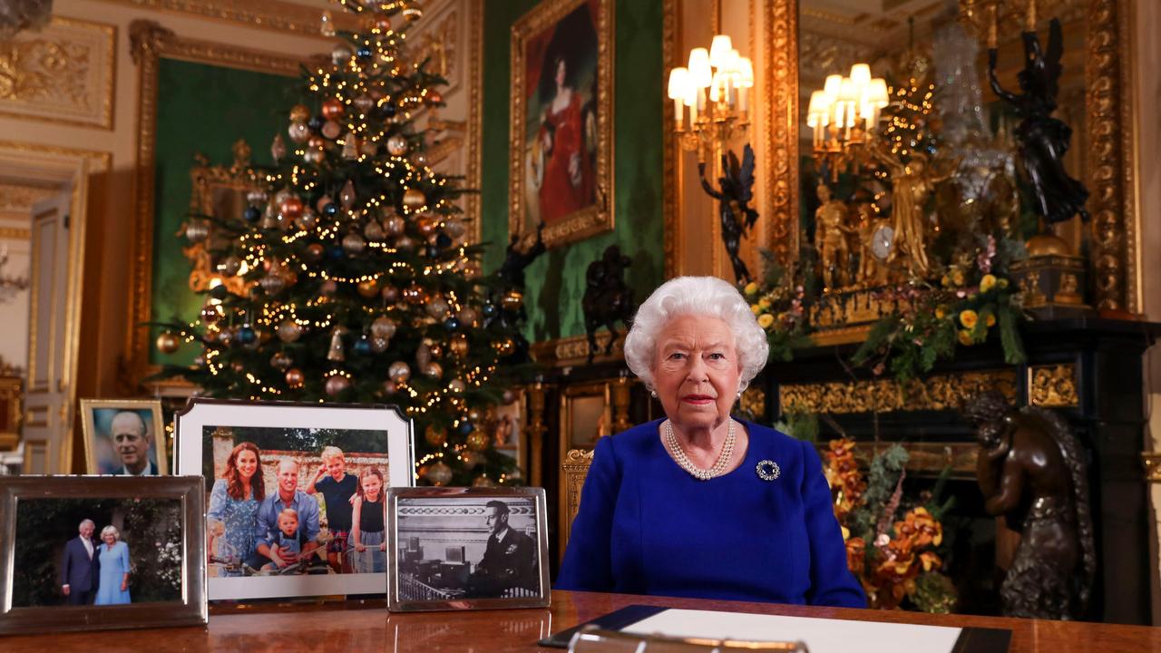 There was no sign of Harry and Meghan among the framed pictures during the Queen’s 2019 address. Picture: Steve Parsons/Pool/AFP