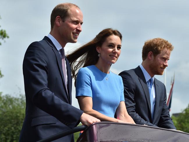 Prince William, Duke of Cambridge, Catherine, Duchess of Cambridge and Britain's Prince Harry together in 2016. Picture: AFP