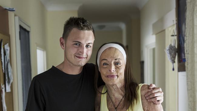 Carol Mayer at her Cairns home with her son Zach, 19, in 2017. PICTURE: Mark Cranitch.