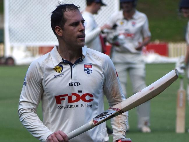 Sydney University keeper Tim Cummins scores a century against Northern Districts in Sydney Premier cricket on Saturday., supplied Images