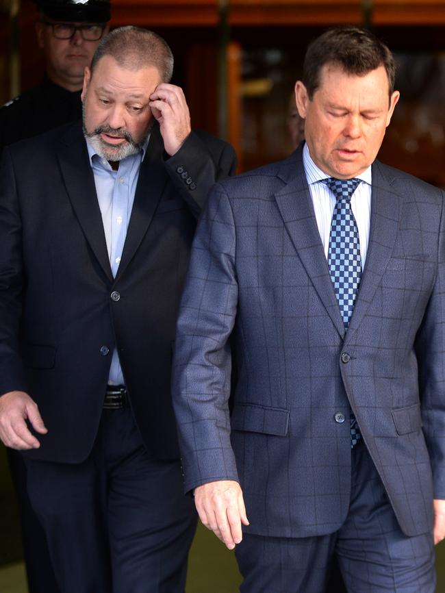 Nicole Tucker’s husband Brett Tucker and brother Kent Thiele leave court. Picture: Greg Higgs