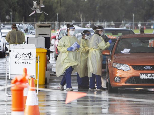 People getting tested at the 24-hour Victoria Park Covid-19 testing station in Adelaide. Picture: NCA NewsWire/Emma Brasier