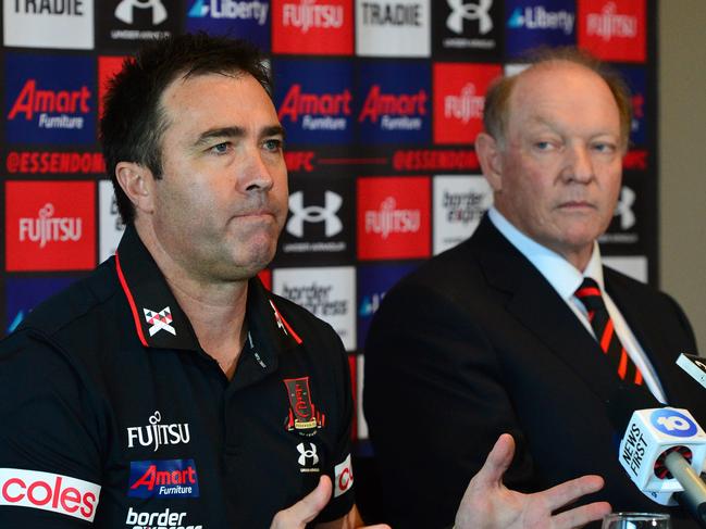 Essendon coach Brad Scott and David Barham. Picture: NCA NewsWire / Nicki Connolly