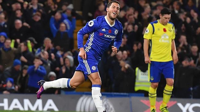 Chelsea midfielder Eden Hazard celebrates after scoring his side’s fourth goal against Everton.