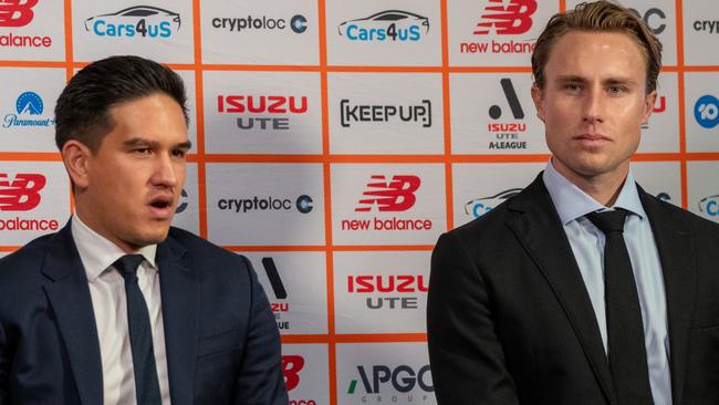 New Brisbane Roar chairman/CEO Kaz Patafta (shorter man with dark hair) and new Brisbane Roar chief operations officer Zac Anderson (taller man with lighter hair). Picture: Brisbane Roar