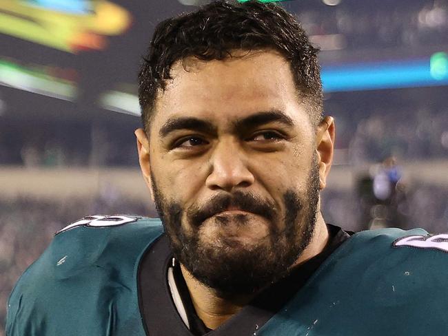 PHILADELPHIA, PENNSYLVANIA - JANUARY 29: Jordan Mailata #68 of the Philadelphia Eagles reacts after defeating the San Francisco 49ers 31-7 in the NFC Championship Game at Lincoln Financial Field on January 29, 2023 in Philadelphia, Pennsylvania.   Tim Nwachukwu/Getty Images/AFP (Photo by Tim Nwachukwu / GETTY IMAGES NORTH AMERICA / Getty Images via AFP)