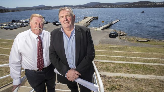 $2.3 billion precinct-scale urban renewal project, including roofed AFL stadium, for Hobart. Stakeholder relations Paul Lennon and Managing Director of Stadia Precinct Consortia Dean Coleman at Macquarie Point. Picture: Chris Kidd