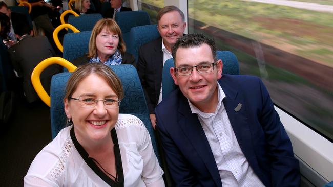 Premier Daniel Andrews and Public Transport Minister Jacinta Allan on a V/Line train. Picture: David Crosling