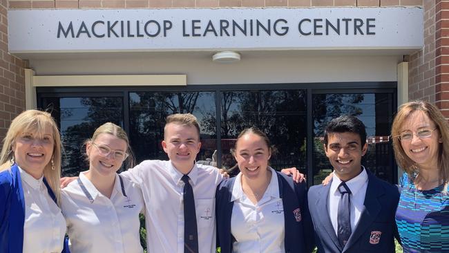 McCarthy Catholic College: Mrs Tania Cairns (Principal Leader), Tiana Pienkosz, Ethan Young, Gabrielle Gregory, Akshay Wakankar and Mrs Peta Sparkes (Assistant Principal)