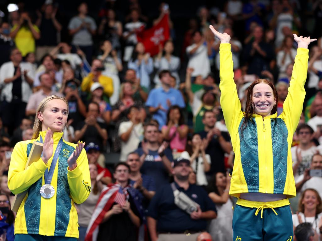 In Paris, Ariarne Titmus, left, came second while Mollie O’Callaghan won gold in the 200m freestyle final. Picture: Getty Images