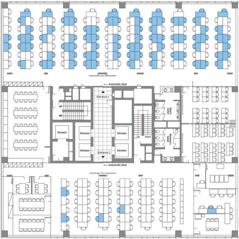 The call centre seating plan showing those in blue who caught the virus, and those seats in white that didn't. Picture: Korea Centres for Disease Control and Prevention