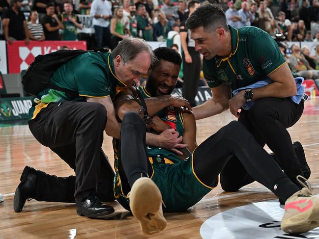 Marcus Lee left the court injured in their NBL seeding qualifier win against Illawarra, but the big man is firming to return against the Wildcats. Picture: Getty Images