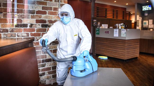 A COVID-19 deep cleaning at Pancakes on The Rocks in Sydney's Beverly Hills on Sunday. Picture: Flavio Brancaleone