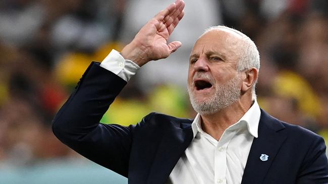 AL WAKRAH, QATAR - NOVEMBER 30: Graham Arnold, Head Coach of Australia, reacts on during the FIFA World Cup Qatar 2022 Group D match between Australia and Denmark at Al Janoub Stadium on November 30, 2022 in Al Wakrah, Qatar. (Photo by Claudio Villa/Getty Images)