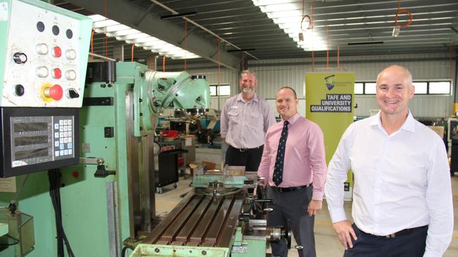 L to R: Manufacturing Hub Skills Development and Training Officer Mick Elliott, CQ University Associate Vice President Gladstone Campus Luke Sinclair and Gladstone MP Glenn Butcher at the new Gladstone Manufacturing Hub.