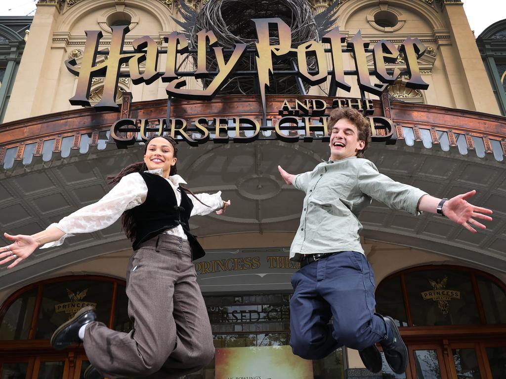 Aisha Aidara and Ben Walter outside the Princess Theatre, to announce the return of Harry Potter and the Cursed Child in mid November. Picture: David Caird