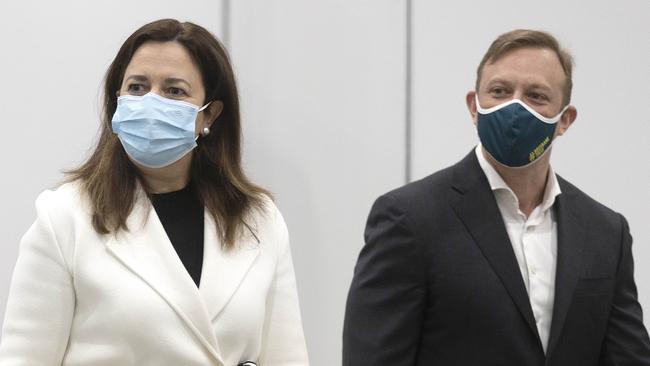 Queensland Premier Annastacia Palaszczuk and Deputy Premier Steven Miles at Monday’s Covid-19 press conference. Picture: NCA NewsWire/Sarah Marshall