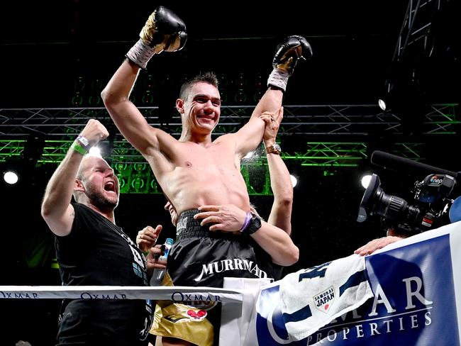 TOWNSVILLE, AUSTRALIA - AUGUST 26: Tim Tszyu celebrates victory in his fight against Jeff Horn during the WBO Global & IBF Australasian Super Welterweight title bout at QCB Stadium on August 26, 2020 in Townsville, Australia. (Photo by Bradley Kanaris/Getty Images)