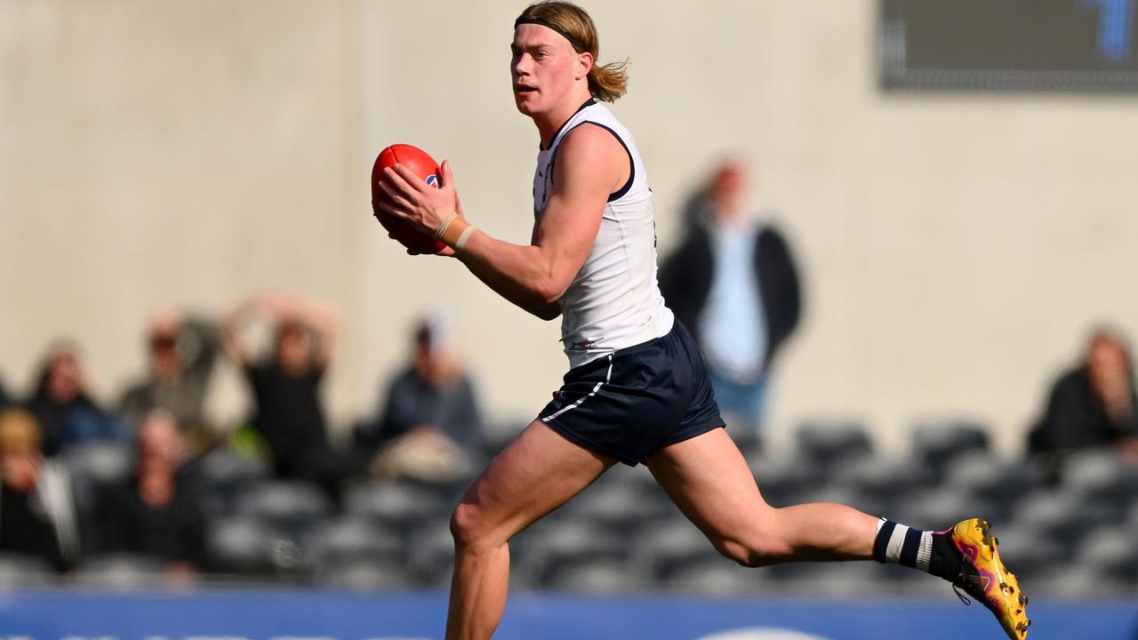 MELBOURNE, AUSTRALIA - JULY 16: Harley Reid of Vic Country runs with the ball during the 2023 U18 Boys Championships match between Vic Country and Vic Metro at Ikon Park on June 16, 2023 in Melbourne, Australia. (Photo by Morgan Hancock/AFL Photos via Getty Images)