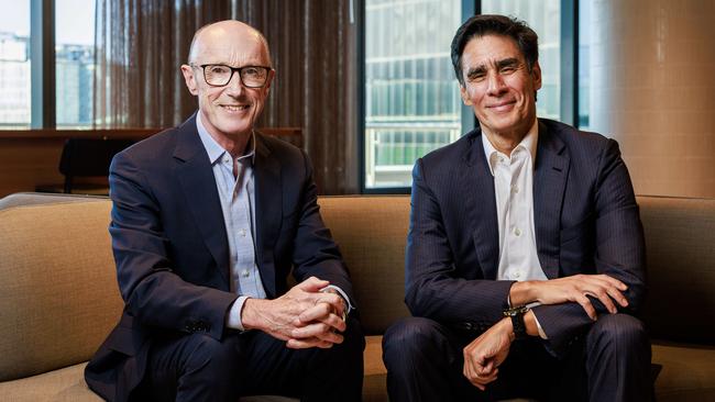 ANZ chairman Paul O’Sullivan, left, with incoming chief executive Nuno Matos. Picture: Aaron Francis