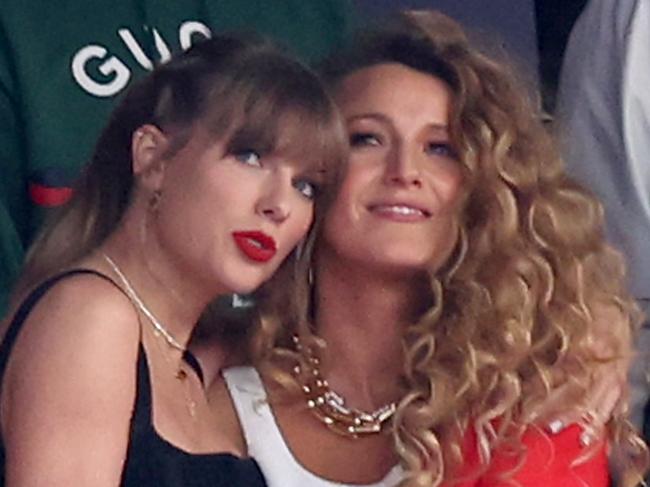 LAS VEGAS, NEVADA - FEBRUARY 11: Rapper Ice Spice, singer Taylor Swift and actress Blake Lively prior to Super Bowl LVIII between the San Francisco 49ers and Kansas City Chiefs at Allegiant Stadium on February 11, 2024 in Las Vegas, Nevada. (Photo by Steph Chambers/Getty Images)