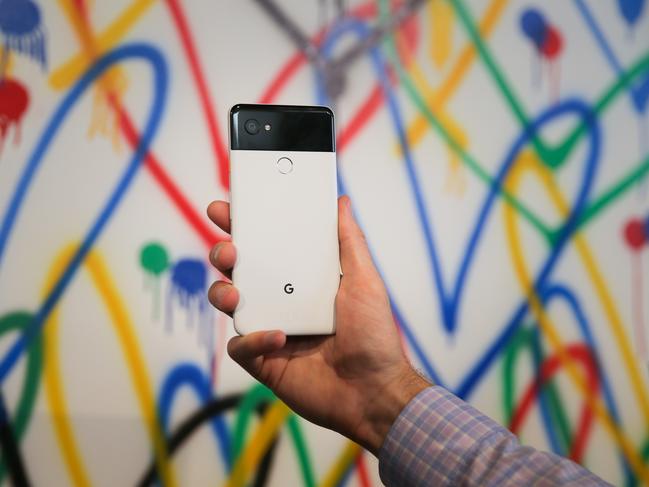 The new Google Pixel 2 XL smartphone is seen at a product launch event, October 4, 2017, at the SFJAZZ Center. Google on Wednesday unveiled newly designed versions of its Pixel smartphone, the highlight of a refreshed line of devices which are part of the tech giant's efforts to boost its presence against hardware rivals. The new Pixel 2 and larger Pixel 2 XL are the first Google-made devices since the California tech giant announced the acquisition of key segments of Taiwan-based electronics group HTC  / AFP PHOTO / Elijah Nouvelage