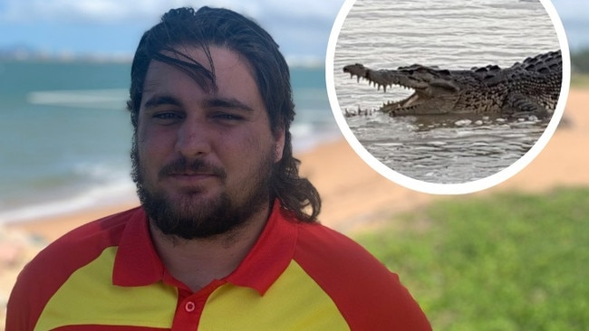 Surf Lifesaving Queensland services supervisor Kye Yeabsley. Inset: A crocodile visits a Cairns beach.