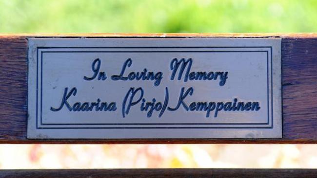 A memorial plaque on a bench overlooking the Bremer River dedicated to Pirjo Kemppainen.