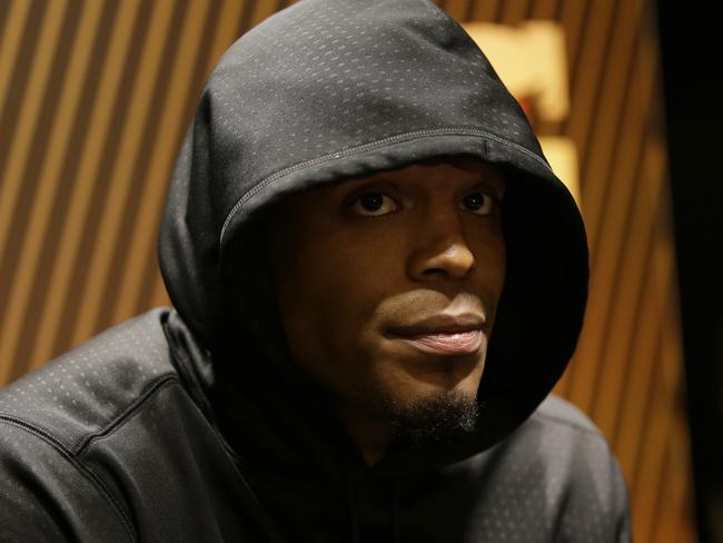 Carolina Panthers’ Cam Newton answers questions after the NFL Super Bowl 50 football game against the Denver Broncos Sunday, Feb. 7, 2016, in Santa Clara, Calif. The Broncos won 24-10. (AP Photo/Marcio Jose Sanchez)