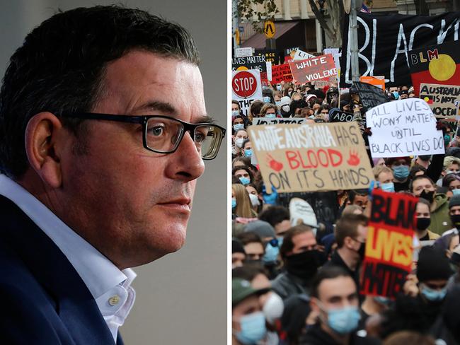 Victorian Premier Daniel Andrews (left) and Black Lives Matter protesters gather in Melbourne on Saturday. Pictures: File