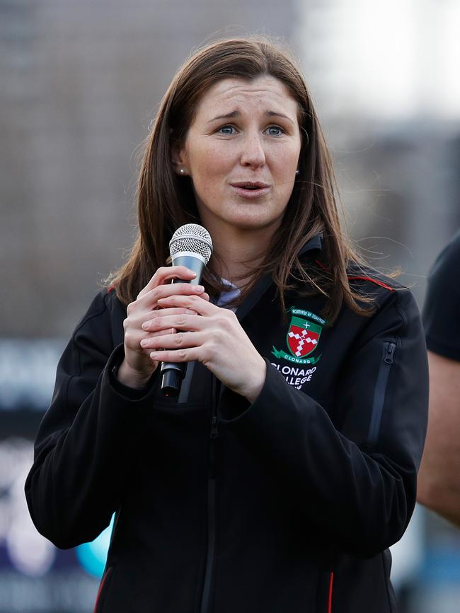 Bridget Taylor, Coach of Clonard College speaks during the 2022 Herald Sun Shield Intermediate Girls Grand Final. Picture: Dylan Burns/AFL Photos via Getty Images